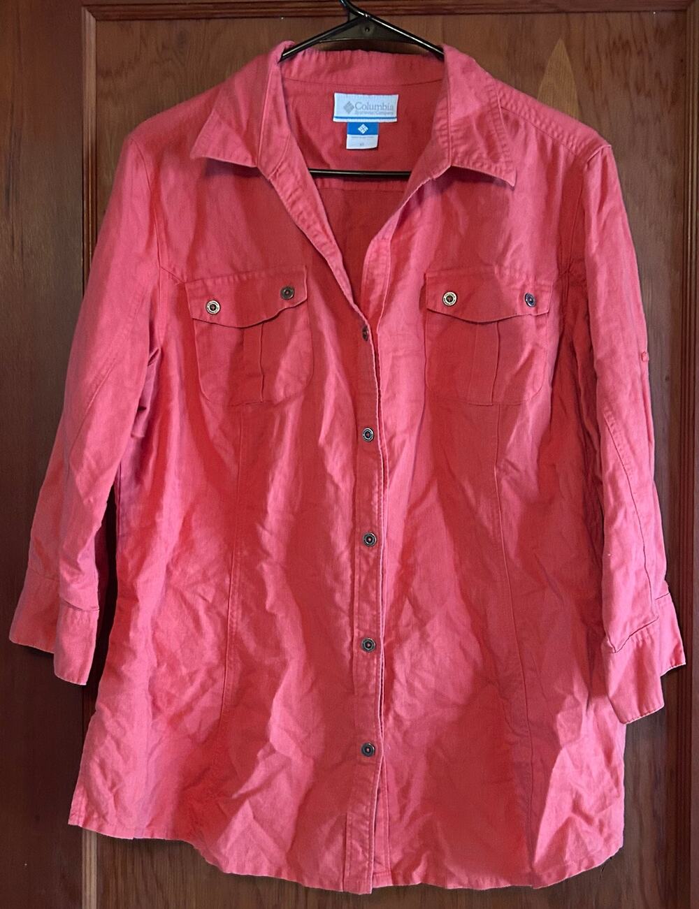 Columbia Women’s Linen Blend Button Down Shirt Coral Outdoors Hiking Casual XL